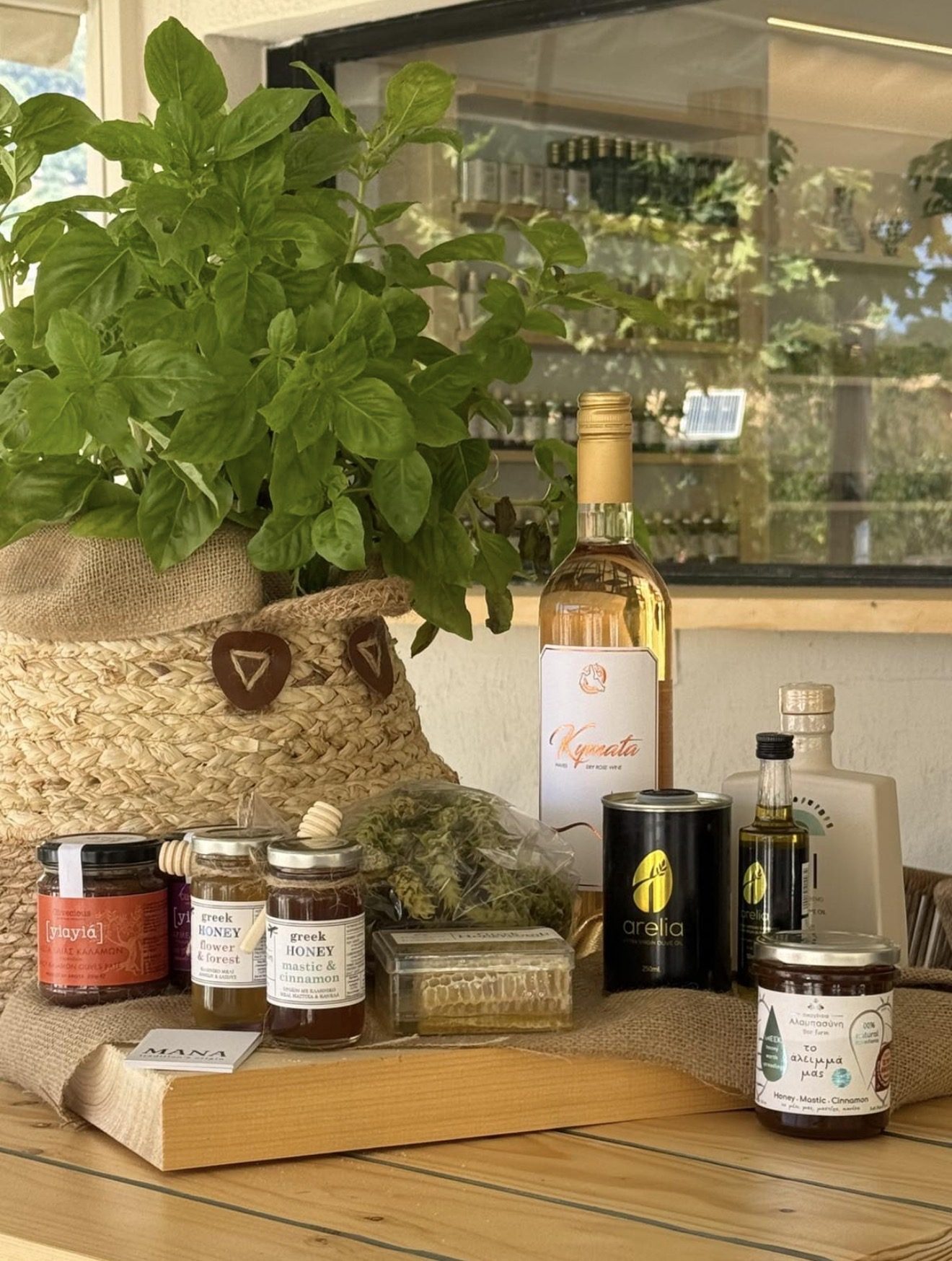 MANA gift basket with wine, oil and honey