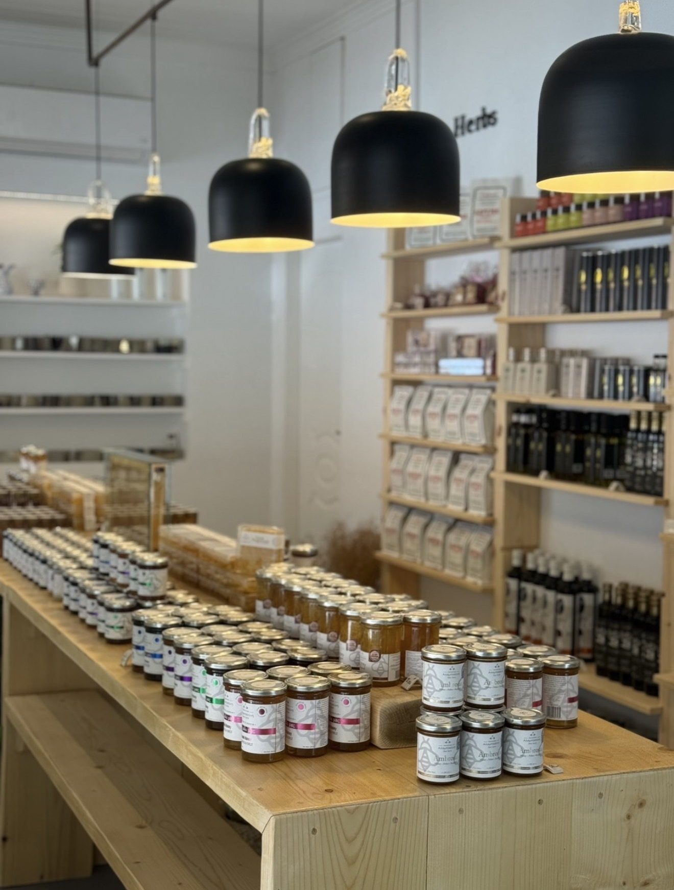 Row of Greek honey bottles